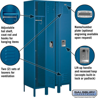 12-inch Wide Single Tier Standard Metal Locker - 3 Wide - 6 Feet High - 18-inch Deep by Salsbury – Blue – Assembled by Salsbury (view 2)