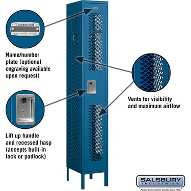12-inch Wide Single Tier Vented Metal Locker - 1 Wide - 6 Feet High - 15-inch Deep by Salsbury – Blue – Assembled by Salsbury (view 2)