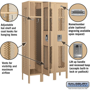 12-inch Wide Single Tier Vented Metal Locker - 3 Wide - 5 Feet High - 12-inch Deep by Salsbury – Tan – Assembled by Salsbury (view 2)