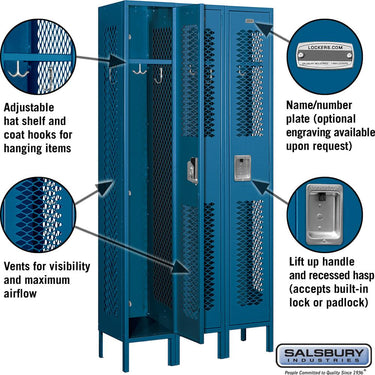 12-inch Wide Single Tier Vented Metal Locker - 3 Wide - 6 Feet High - 12-inch Deep by Salsbury – Blue – Assembled by Salsbury (view 2)