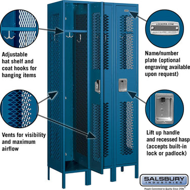 12-inch Wide Single Tier Vented Metal Locker - 3 Wide - 6 Feet High - 15-inch Deep by Salsbury – Blue – Assembled by Salsbury (view 2)