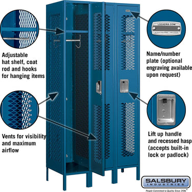 12-inch Wide Single Tier Vented Metal Locker - 3 Wide - 6 Feet High - 18-inch Deep by Salsbury – Blue – Assembled by Salsbury (view 2)