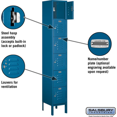 12-inch Wide Six Tier Box Style Standard Metal Locker - 1 Wide - 6 Feet High - 12-inch Deep by Salsbury – Blue – Assembled by Salsbury (view 2)