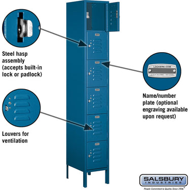 12-inch Wide Six Tier Box Style Standard Metal Locker - 1 Wide - 6 Feet High - 15-inch Deep by Salsbury – Blue – Assembled by Salsbury (view 2)