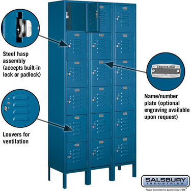 12-inch Wide Six Tier Box Style Standard Metal Locker - 3 Wide - 6 Feet High - 12-inch Deep by Salsbury – Blue – Assembled by Salsbury (view 2)