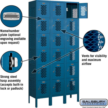 12-inch Wide Six Tier Box Style Vented Metal Locker - 3 Wide - 6 Feet High - 12-inch Deep by Salsbury – Blue – Assembled by Salsbury (view 2)