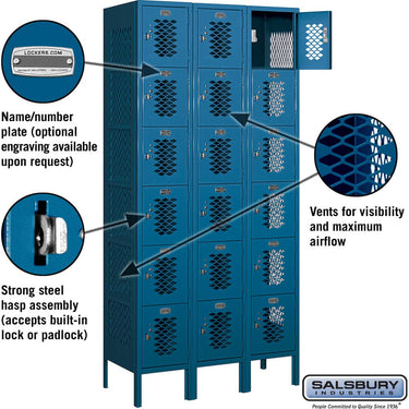 12-inch Wide Six Tier Box Style Vented Metal Locker - 3 Wide - 6 Feet High - 15-inch Deep by Salsbury – Blue – Assembled by Salsbury (view 2)