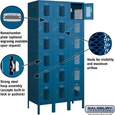 12-inch Wide Six Tier Box Style Vented Metal Locker - 3 Wide - 6 Feet High - 18-inch Deep by Salsbury – Blue – Assembled by Salsbury (view 2)