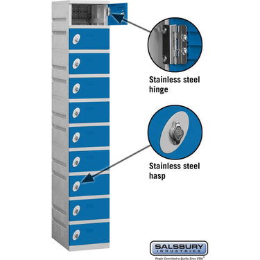 12-inch Wide Ten Tier Plastic Locker - 1 Wide - 6 Feet High - 18-inch Deep by Salsbury – Blue – Assembled by Salsbury (view 2)