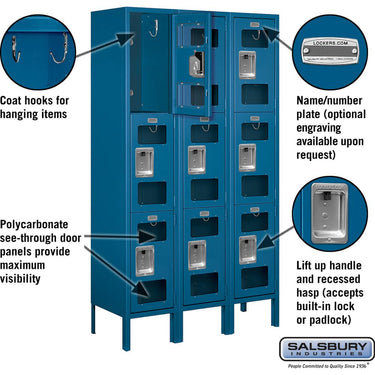 12-inch Wide Triple Tier See-Through Metal Locker - 3 Wide - 5 Feet High - 12-inch Deep by Salsbury – Blue – Assembled by Salsbury (view 2)