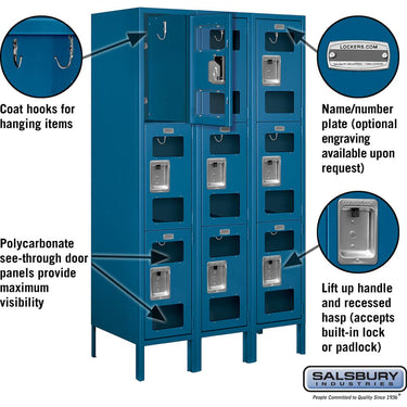 12-inch Wide Triple Tier See-Through Metal Locker - 3 Wide - 5 Feet High - 18-inch Deep by Salsbury – Blue – Assembled by Salsbury (view 2)