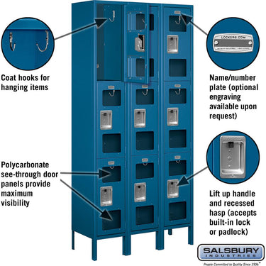 12-inch Wide Triple Tier See-Through Metal Locker - 3 Wide - 6 Feet High - 12-inch Deep by Salsbury – Blue – Assembled by Salsbury (view 2)