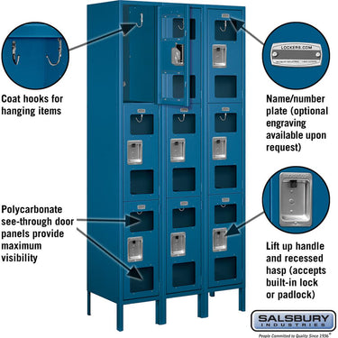 12-inch Wide Triple Tier See-Through Metal Locker - 3 Wide - 6 Feet High - 15-inch Deep by Salsbury – Blue – Assembled by Salsbury (view 2)