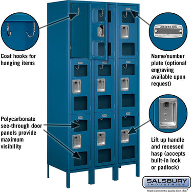 12-inch Wide Triple Tier See-Through Metal Locker - 3 Wide - 6 Feet High - 18-inch Deep by Salsbury – Blue – Assembled by Salsbury (view 2)
