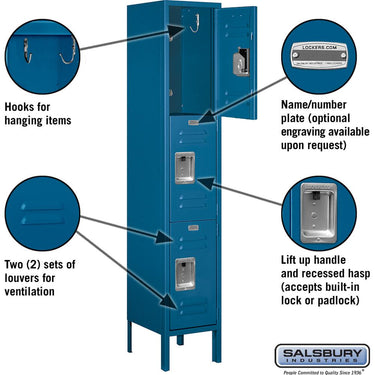 12-inch Wide Triple Tier Standard Metal Locker - 1 Wide - 5 Feet High - 12-inch Deep by Salsbury – Blue – Assembled by Salsbury (view 2)