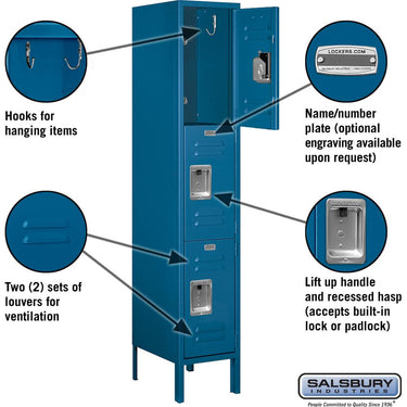 12-inch Wide Triple Tier Standard Metal Locker - 1 Wide - 5 Feet High - 15-inch Deep by Salsbury – Blue – Assembled by Salsbury (view 2)