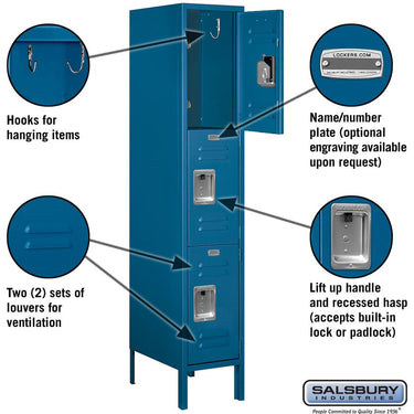 12-inch Wide Triple Tier Standard Metal Locker - 1 Wide - 5 Feet High - 18-inch Deep by Salsbury – Blue – Assembled by Salsbury (view 2)