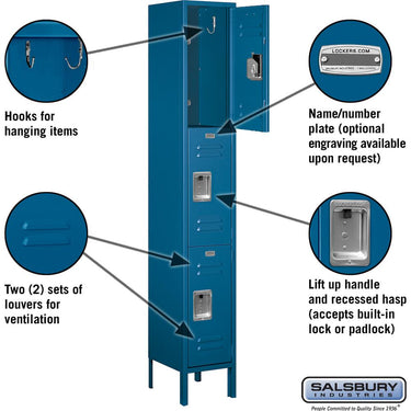 12-inch Wide Triple Tier Standard Metal Locker - 1 Wide - 6 Feet High - 12-inch Deep by Salsbury – Blue – Assembled by Salsbury (view 2)