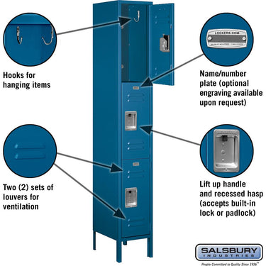 12-inch Wide Triple Tier Standard Metal Locker - 1 Wide - 6 Feet High - 15-inch Deep by Salsbury – Blue – Assembled by Salsbury (view 2)