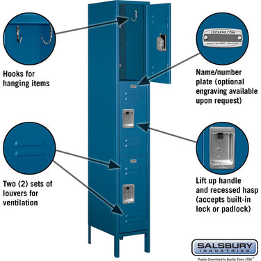 12-inch Wide Triple Tier Standard Metal Locker - 1 Wide - 6 Feet High - 18-inch Deep by Salsbury – Blue – Assembled by Salsbury (view 2)