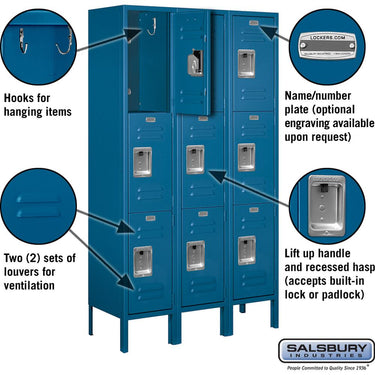 12-inch Wide Triple Tier Standard Metal Locker - 3 Wide - 5 Feet High - 12-inch Deep by Salsbury – Blue – Assembled by Salsbury (view 2)