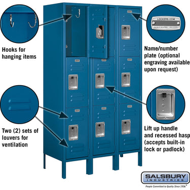 12-inch Wide Triple Tier Standard Metal Locker - 3 Wide - 5 Feet High - 15-inch Deep by Salsbury – Blue – Assembled by Salsbury (view 2)
