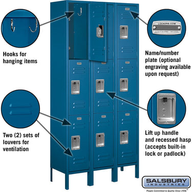 12-inch Wide Triple Tier Standard Metal Locker - 3 Wide - 6 Feet High - 12-inch Deep by Salsbury – Blue – Assembled by Salsbury (view 2)