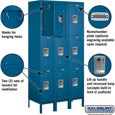 12-inch Wide Triple Tier Standard Metal Locker - 3 Wide - 6 Feet High - 18-inch Deep by Salsbury – Blue – Assembled by Salsbury (view 2)