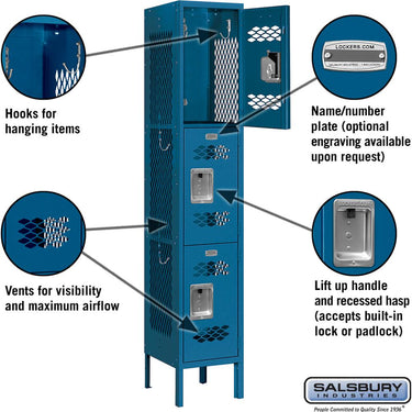 12-inch Wide Triple Tier Vented Metal Locker - 1 Wide - 5 Feet High - 12-inch Deep by Salsbury – Blue – Assembled by Salsbury (view 2)