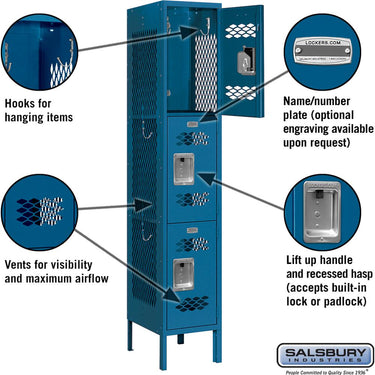 12-inch Wide Triple Tier Vented Metal Locker - 1 Wide - 5 Feet High - 15-inch Deep by Salsbury – Blue – Assembled by Salsbury (view 2)