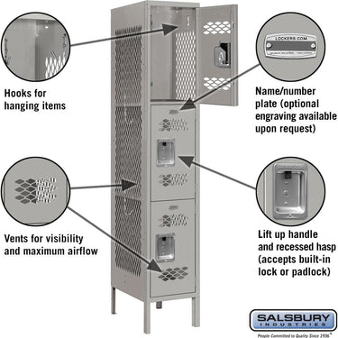 12-inch Wide Triple Tier Vented Metal Locker - 1 Wide - 5 Feet High - 18-inch Deep by Salsbury – Gray – Assembled by Salsbury (view 2)