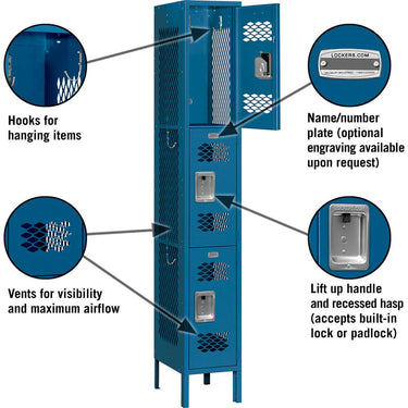 12-inch Wide Triple Tier Vented Metal Locker - 1 Wide - 6 Feet High - 12-inch Deep by Salsbury – Blue – Assembled by Salsbury (view 2)
