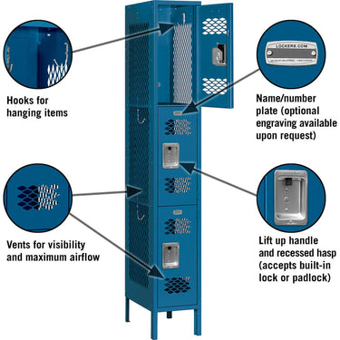 12-inch Wide Triple Tier Vented Metal Locker - 1 Wide - 6 Feet High - 15-inch Deep by Salsbury – Blue – Assembled by Salsbury (view 2)