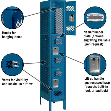 12-inch Wide Triple Tier Vented Metal Locker - 1 Wide - 6 Feet High - 18-inch Deep by Salsbury – Blue – Assembled by Salsbury (view 2)