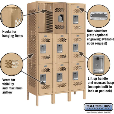 12-inch Wide Triple Tier Vented Metal Locker - 3 Wide - 5 Feet High - 15-inch Deep by Salsbury – Tan – Assembled by Salsbury (view 2)