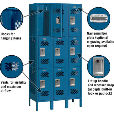 12-inch Wide Triple Tier Vented Metal Locker - 3 Wide - 6 Feet High - 12-inch Deep by Salsbury – Blue – Assembled by Salsbury (view 2)