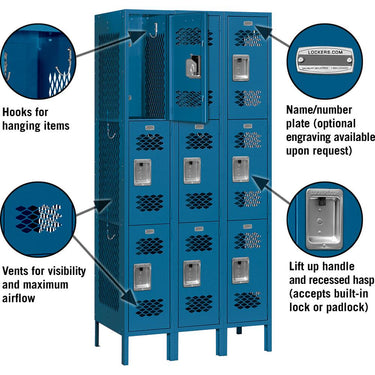 12-inch Wide Triple Tier Vented Metal Locker - 3 Wide - 6 Feet High - 15-inch Deep by Salsbury – Blue – Assembled by Salsbury (view 2)