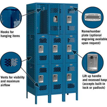 12-inch Wide Triple Tier Vented Metal Locker - 3 Wide - 6 Feet High - 18-inch Deep by Salsbury – Blue – Assembled by Salsbury (view 2)