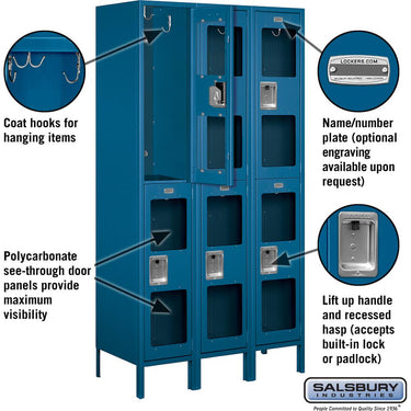 15-inch Wide Double Tier See-Through Metal Locker - 3 Wide - 6 Feet High - 18-inch Deep by Salsbury – Blue – Assembled by Salsbury (view 2)