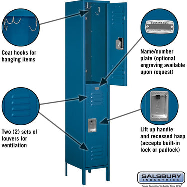 15-inch Wide Double Tier Standard Metal Locker - 1 Wide - 6 Feet High - 15-inch Deep by Salsbury – Blue – Assembled by Salsbury (view 2)