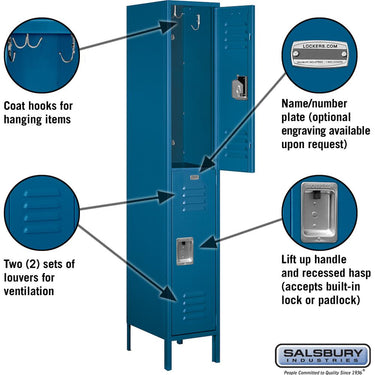 15-inch Wide Double Tier Standard Metal Locker - 1 Wide - 6 Feet High - 18-inch Deep by Salsbury – Blue – Assembled by Salsbury (view 2)