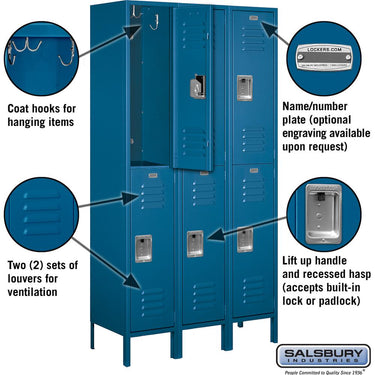 15-inch Wide Double Tier Standard Metal Locker - 3 Wide - 6 Feet High - 15-inch Deep by Salsbury – Blue – Assembled by Salsbury (view 2)