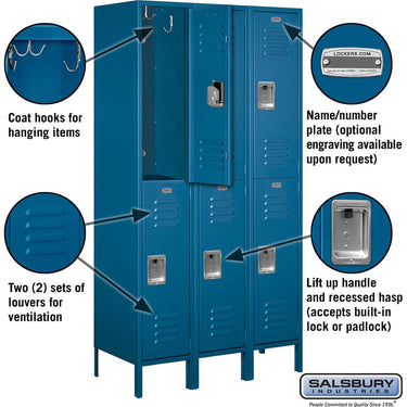 15-inch Wide Double Tier Standard Metal Locker - 3 Wide - 6 Feet High - 18-inch Deep by Salsbury – Blue – Assembled by Salsbury (view 2)