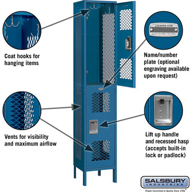 15-inch Wide Double Tier Vented Metal Locker - 1 Wide - 6 Feet High - 15-inch Deep by Salsbury – Blue – Assembled by Salsbury (view 2)