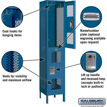 15-inch Wide Double Tier Vented Metal Locker - 1 Wide - 6 Feet High - 18-inch Deep by Salsbury – Blue – Assembled by Salsbury (view 2)