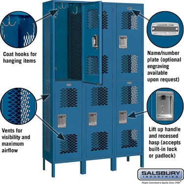 15-inch Wide Double Tier Vented Metal Locker - 3 Wide - 6 Feet High - 15-inch Deep by Salsbury – Blue – Assembled by Salsbury (view 2)
