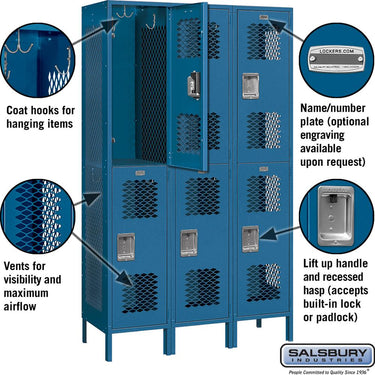 15-inch Wide Double Tier Vented Metal Locker - 3 Wide - 6 Feet High - 18-inch Deep by Salsbury – Blue – Assembled by Salsbury (view 2)