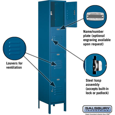 15-inch Wide Four Tier Standard Metal Locker - 1 Wide - 6 Feet High - 15-inch Deep by Salsbury – Blue – Assembled by Salsbury (view 2)