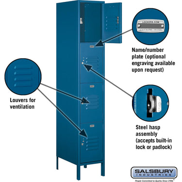 15-inch Wide Four Tier Standard Metal Locker - 1 Wide - 6 Feet High - 18-inch Deep by Salsbury – Blue – Assembled by Salsbury (view 2)
