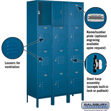 15-inch Wide Four Tier Standard Metal Locker - 3 Wide - 6 Feet High - 15-inch Deep by Salsbury – Blue – Assembled by Salsbury (view 2)